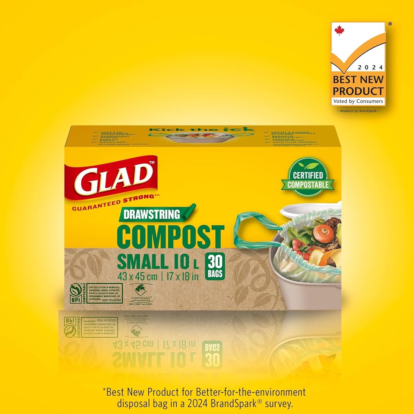 Glad 100% Compostable Drawstring Bags - Small 10 Litres - Drawstring, 30 Compost Trash Bags - Unscented