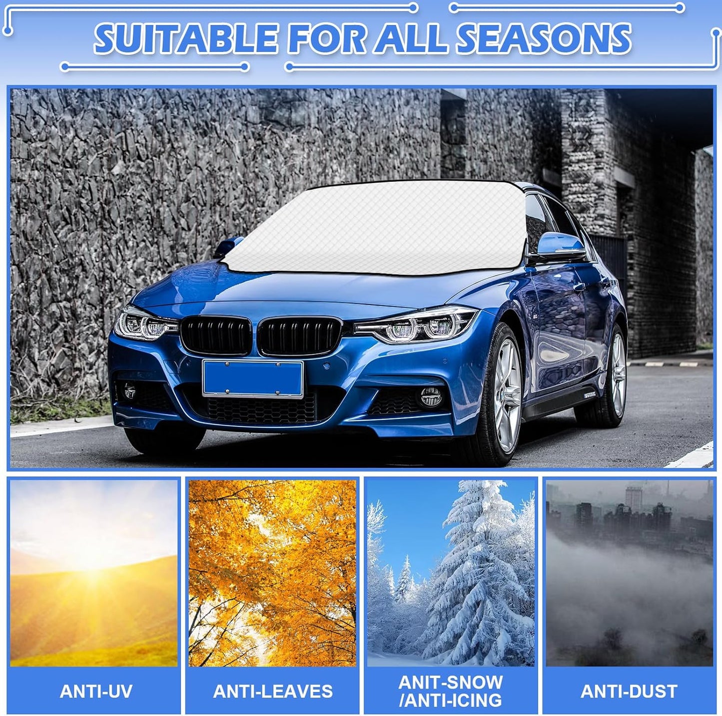Tevlaphee Windshield Sun Shade, Windshield Sun Shade, 3 Magnet, Block UV Rays, Foldable, Sun Visor Protector for SUV Truck to Keep Vehicle Cooler, 197 * 128cm