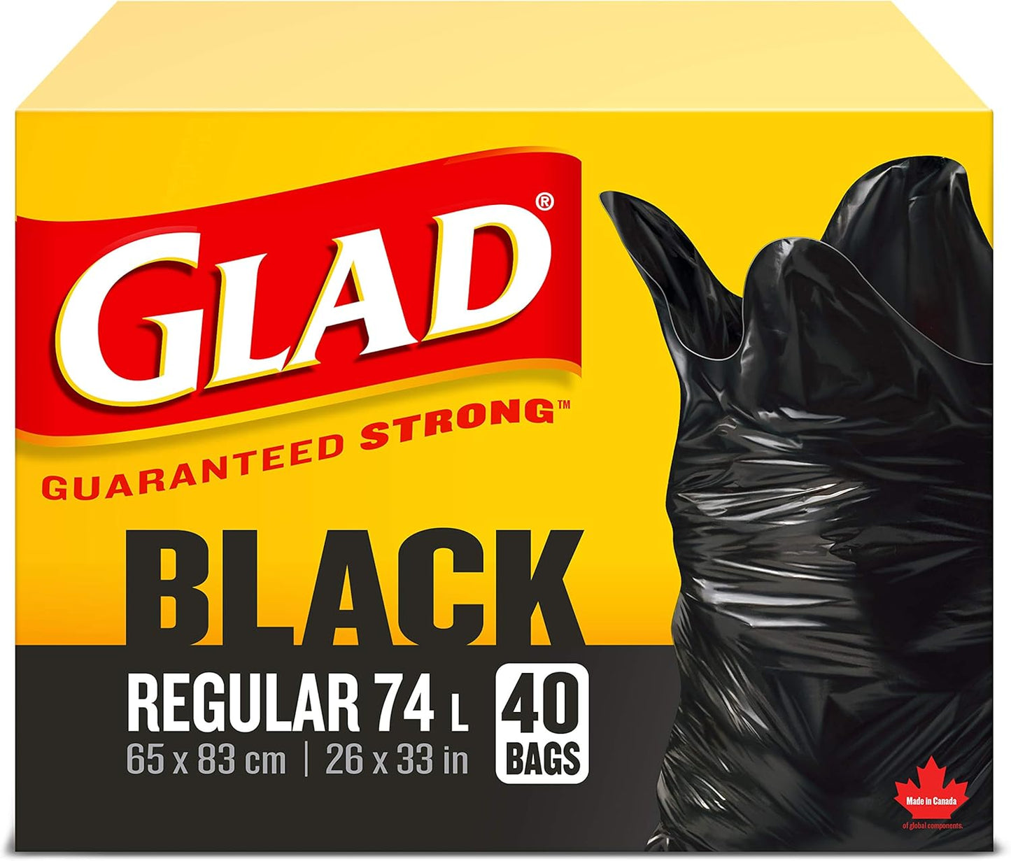 Glad Black Garbage Bags - Regular 74 Litres - 40 Trash Bags Made in Canada of Global Components