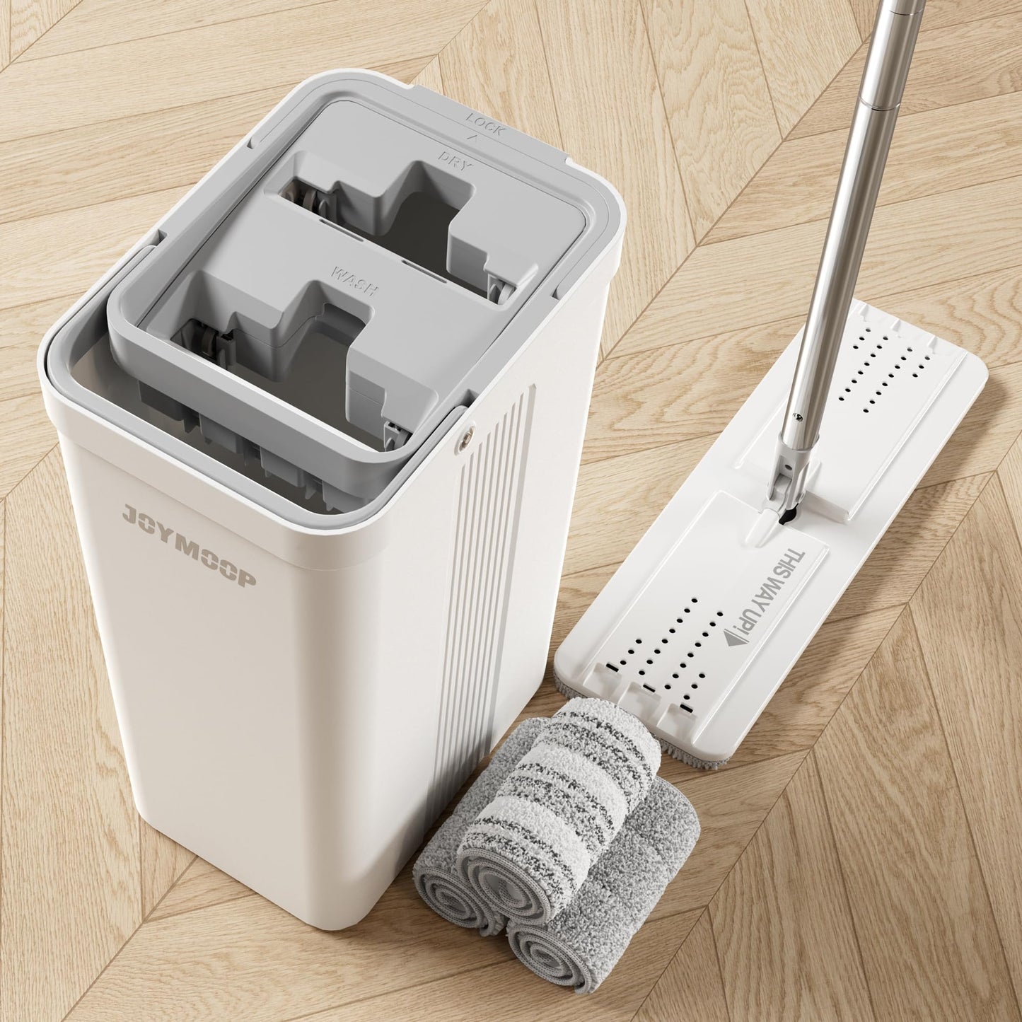 JOYMOOP Mop and Bucket with Wringer Set, Model #2124, White, Polypropylene, Flat, for Floor Cleaning with 3 Microfiber Pads, Wet and Dry Use, Household Cleaning Tools, for Hardwood, Laminate, Tile