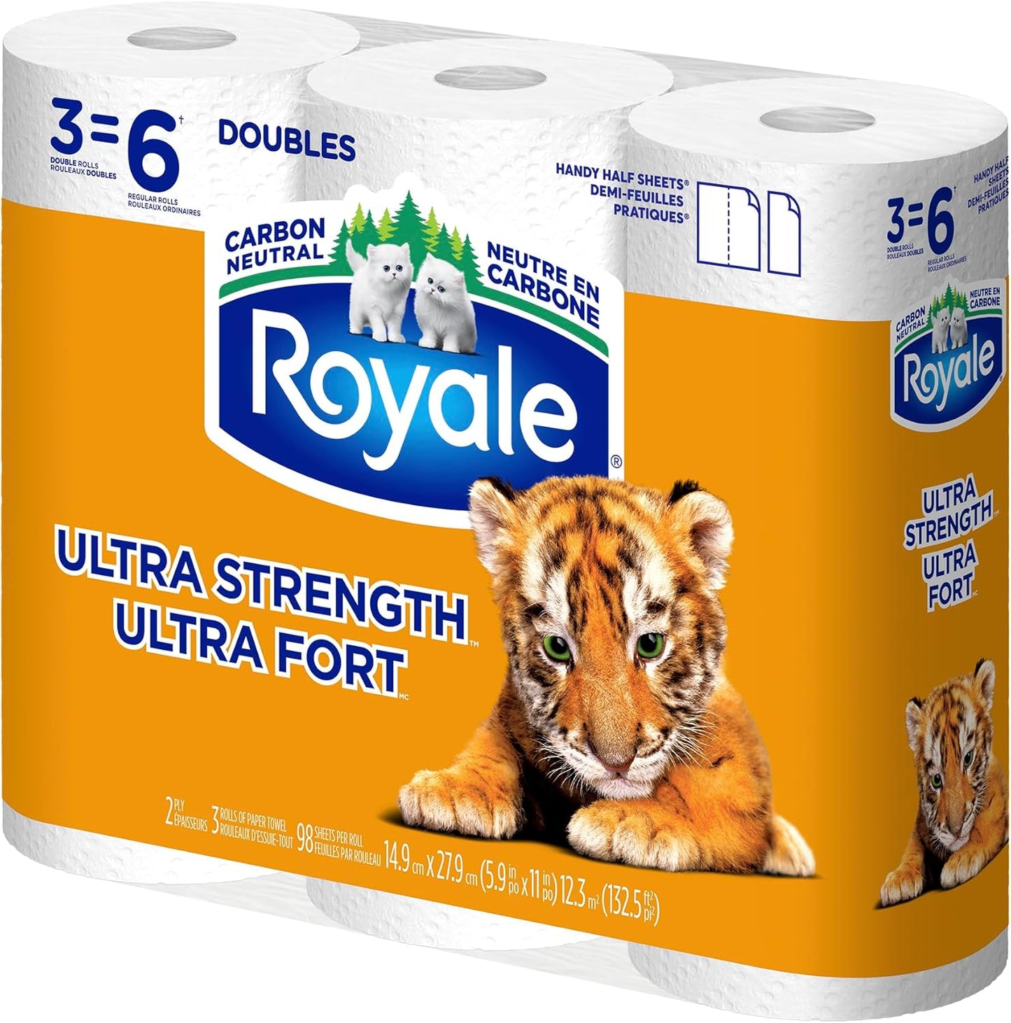 Royale Tiger Strong Paper Towel, 3 Double Equal 6 Rolls, 98 Half Sheets per Roll, White