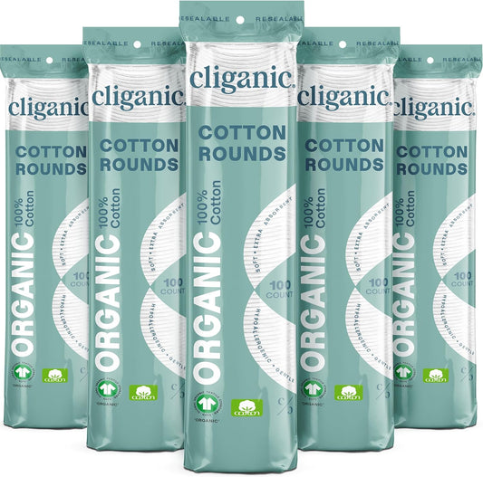 Cliganic Organic Cotton Rounds (500 Count) Makeup Remover Pads, Hypoallergenic, Lint-Free | 100% Pure Cotton