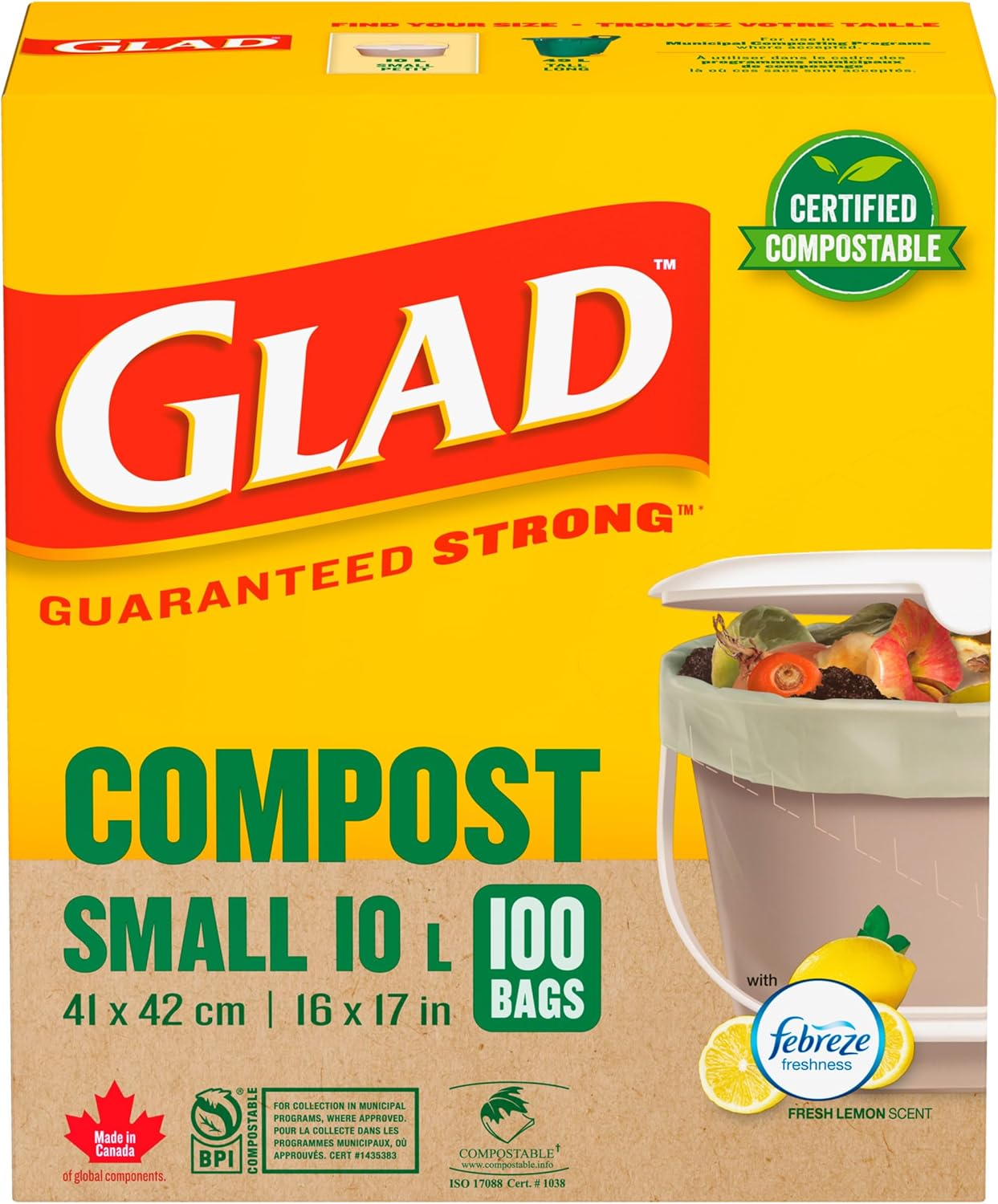 Glad 100% Compostable Bags - Small 10 Litres - Lemon scent 100 Compost Bags