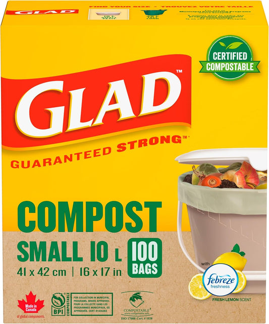 Glad 100% Compostable Bags - Small 10 Litres - Lemon scent 100 Compost Bags