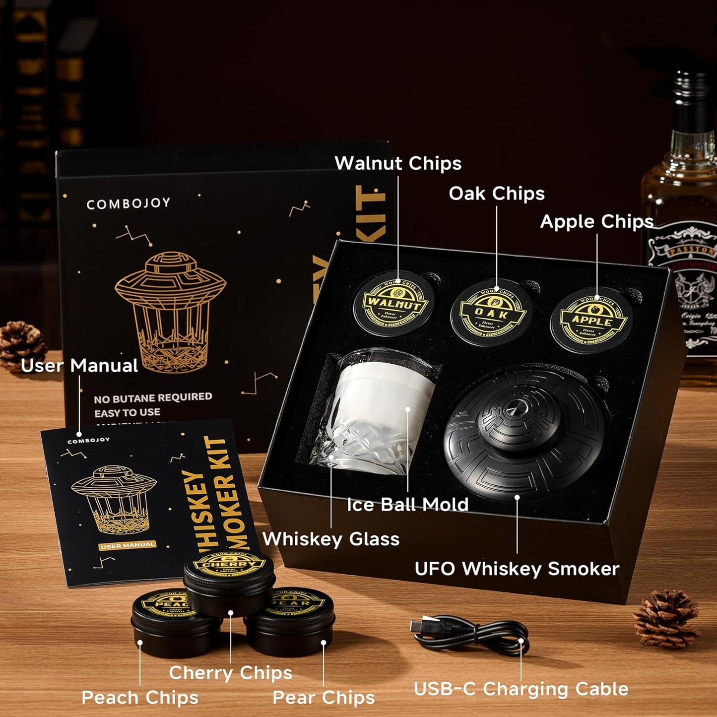 ComboJoy Electric Whiskey Smoker Kit with LED – 6 Flavors Wood Chips, Whiskey Glass & Ice Cube Mold – Rechargeable Cocktail Smoker, Old Fashioned Bourbon Gifts for Men, Dad, Husband -Black