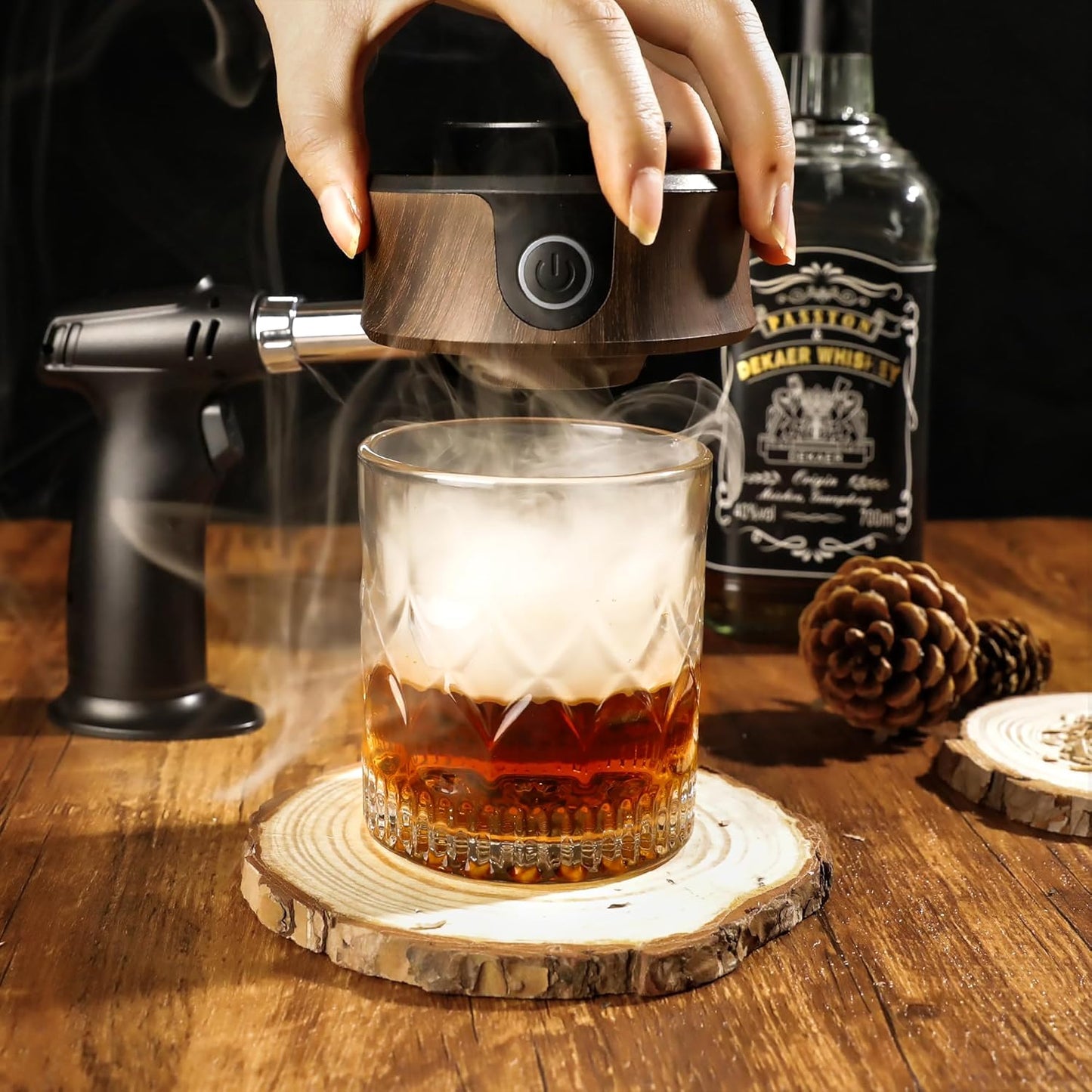 Electric Whiskey Smoker Kit with Wooden Box, Whiskey Gift for Dad Men, with Torch, 4 Wood Chips, Ice Molds, 2 Glasses, Stones, Old Fashioned Bourbon Cocktails Smoker Infuser Kit(Without Butane)