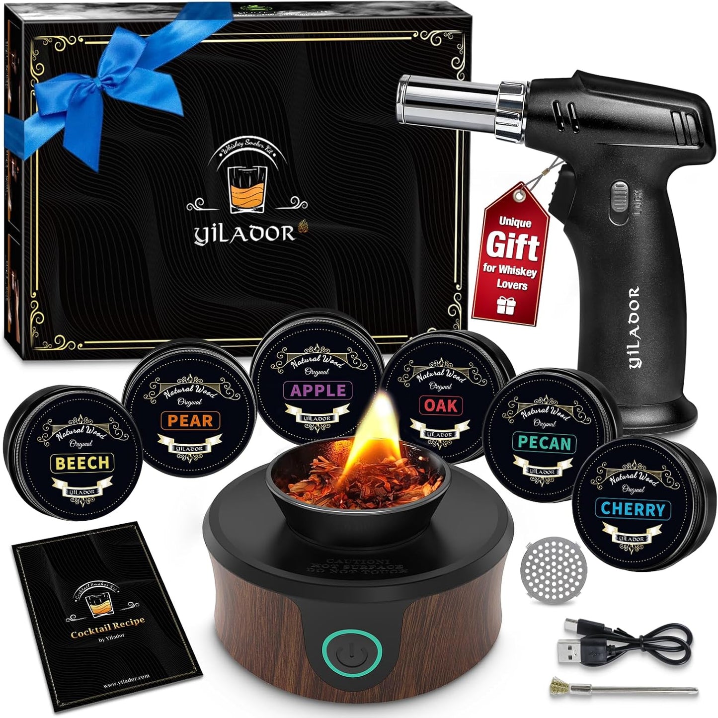 Electric Whiskey Smoker Kit with Torch, Father Day Gift for Whiskey Lover, 6 Wood Chips – Infuse Rich Smoky Flavors in Bourbon Old Fashioned & Cocktails, Birthday Gifts for Him, Dad (Without Butane)