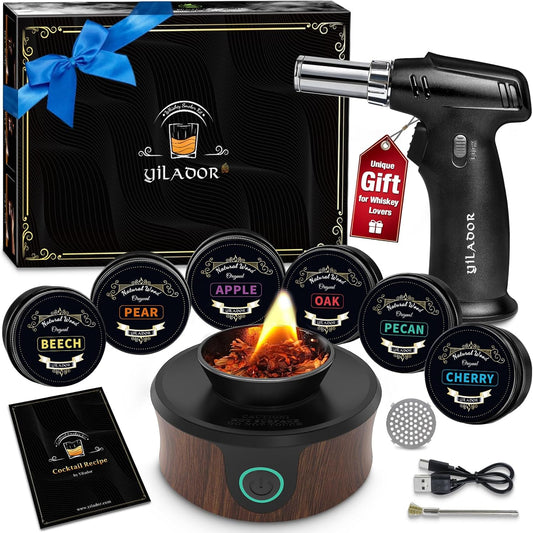 Electric Whiskey Smoker Kit with Torch, Father Day Gift for Whiskey Lover, 6 Wood Chips – Infuse Rich Smoky Flavors in Bourbon Old Fashioned & Cocktails, Birthday Gifts for Him, Dad (Without Butane)