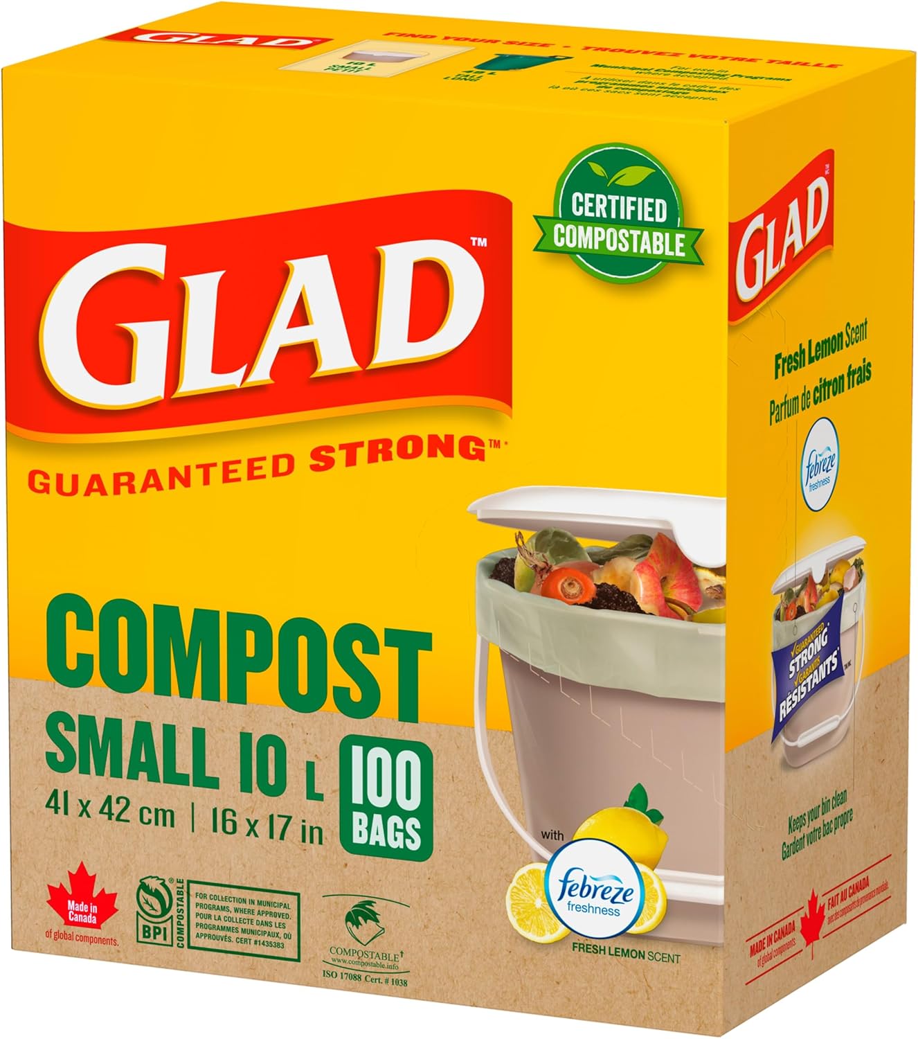 Glad 100% Compostable Bags - Small 10 Litres - Lemon scent 100 Compost Bags