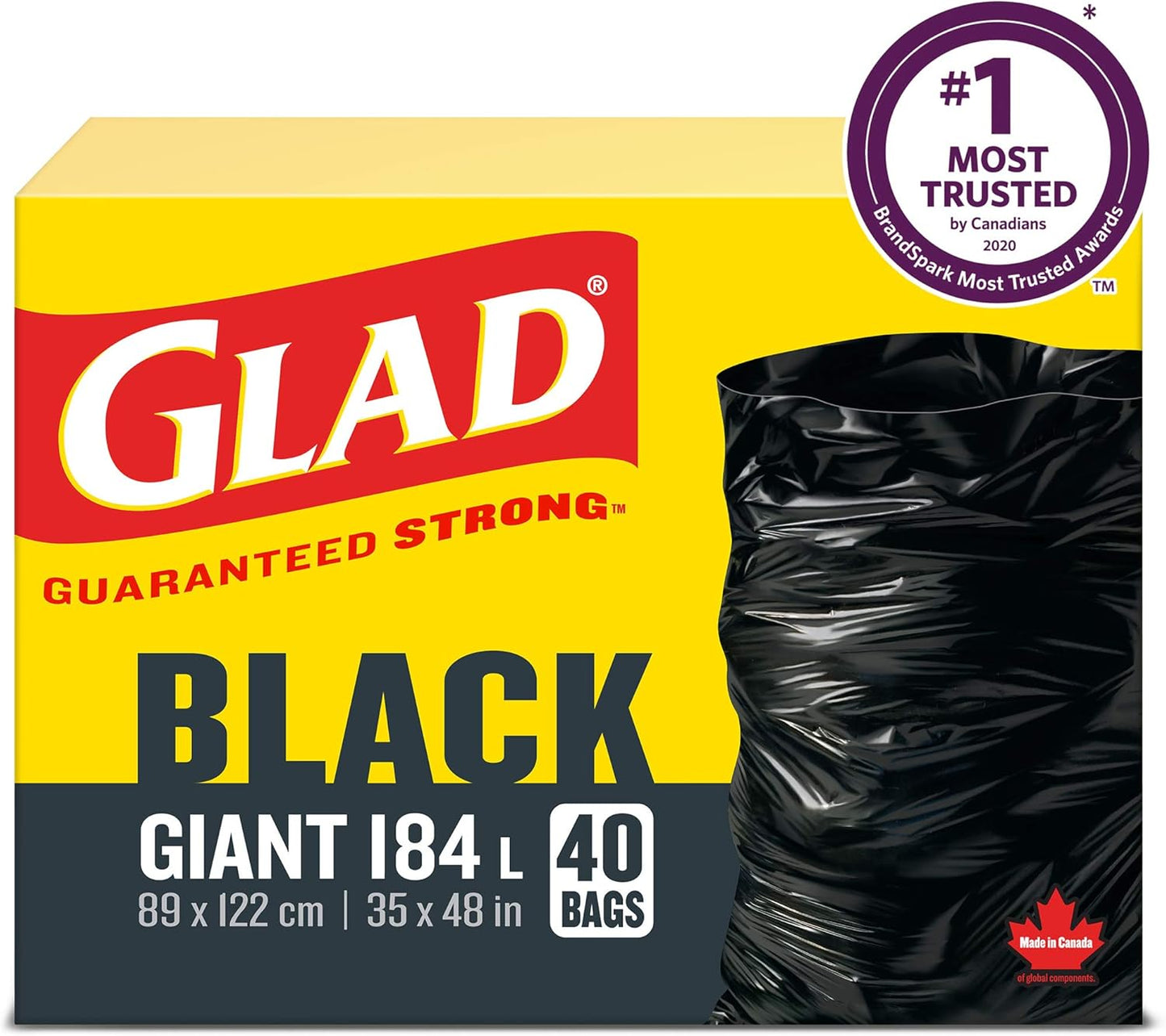 Glad Black Garbage Bags - Giant 184 Litres - 40 Trash Bags Made in Canada of Global Components