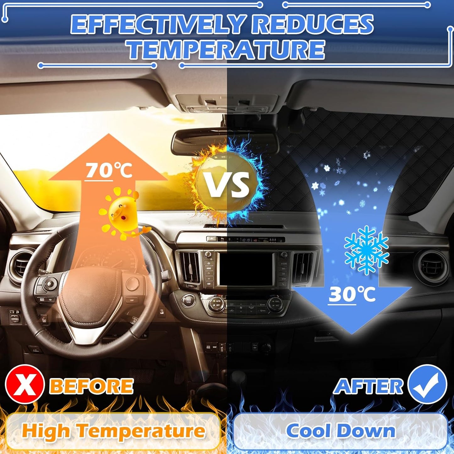 Tevlaphee Windshield Sun Shade, Windshield Sun Shade, 3 Magnet, Block UV Rays, Foldable, Sun Visor Protector for SUV Truck to Keep Vehicle Cooler, 197 * 128cm