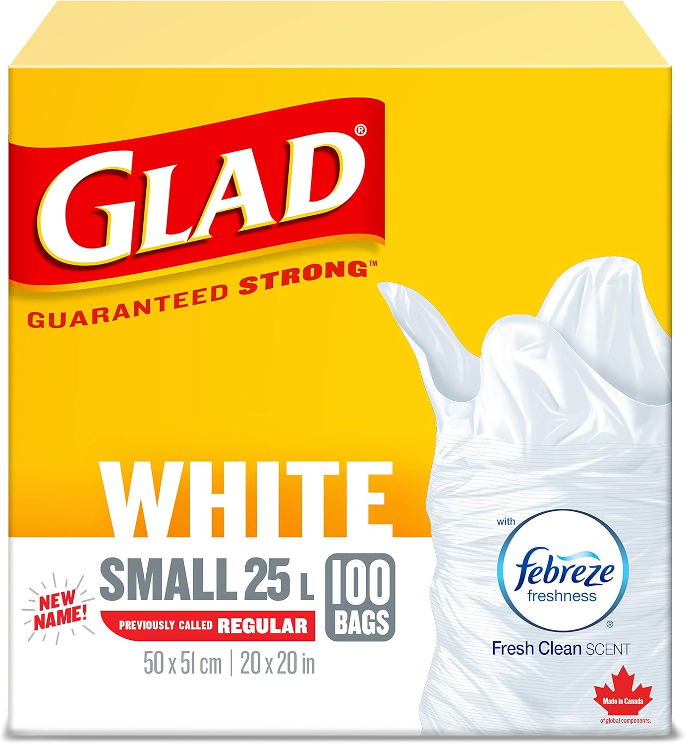 Glad White Garbage Bags - Small 25 Litres - Febreze Fresh Clean Scent, 100 Trash Bags, Made in Canada of Global Components