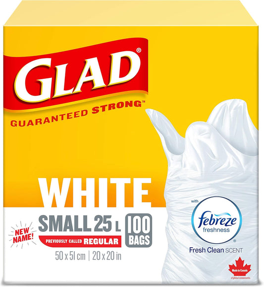 Glad White Garbage Bags - Small 25 Litres - Febreze Fresh Clean Scent, 100 Trash Bags, Made in Canada of Global Components
