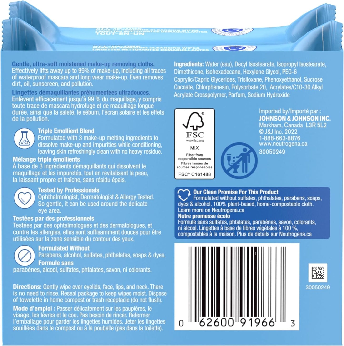 Neutrogena All-in-One Makeup Removing Cleansing Wipes - Gentle Cleansing Towelettes Remove Make-up & Waterproof Mascara - Plant-Based, Alcohol-Free Formula for Sensitive Eye Area - Value Twin Pack, 50 Count