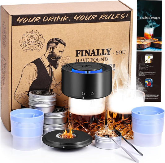 Electric Whiskey Cocktail Smoker Kit with 2 Glasses, 6 Flavors Wood Chips, 2 Ice Ball Molds, Bourbon Old Fashioned Drink Smoker Set, Gifts for Men Dad Husband Father, Built-in Lighter, No Need Butane