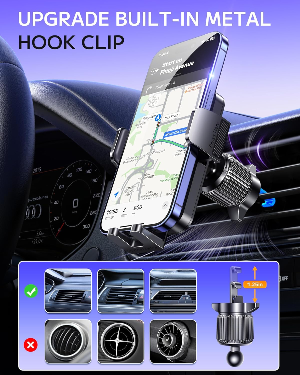 Phone Holder Car, 3-in-1 Universal Car Phone Holder Mount Windshield Dashboard Air Vent Cell Phone Car Mount Hands Free Car Phone Handlebar Mount for iPhone Android Smartphone Handlebar Accessories