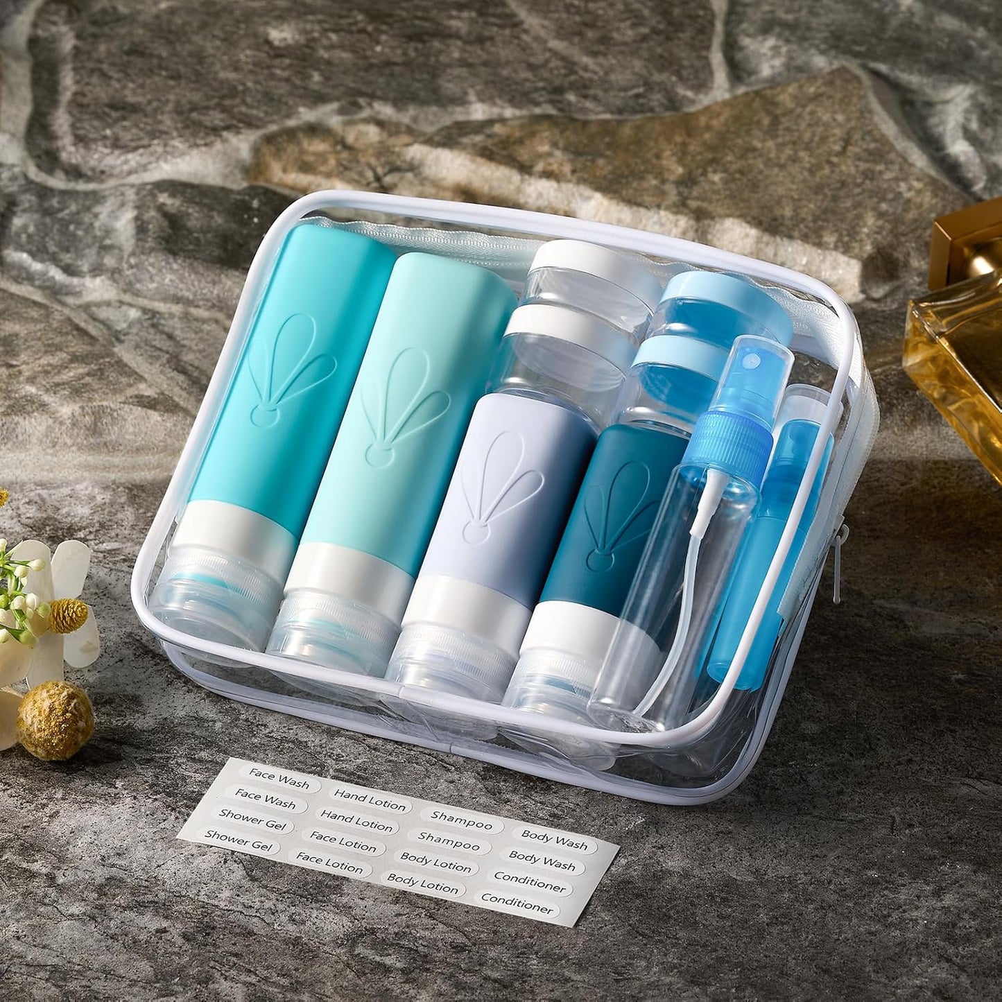INSFIT 17 Pack Travel Bottles for Toiletries, TSA Approved 90ml 60ml Travel Size Toiletries, BPA Free Leak Proof Squeezable Silicone Tubes Travel Essentials for Shampoo Conditioner Lotion Soap