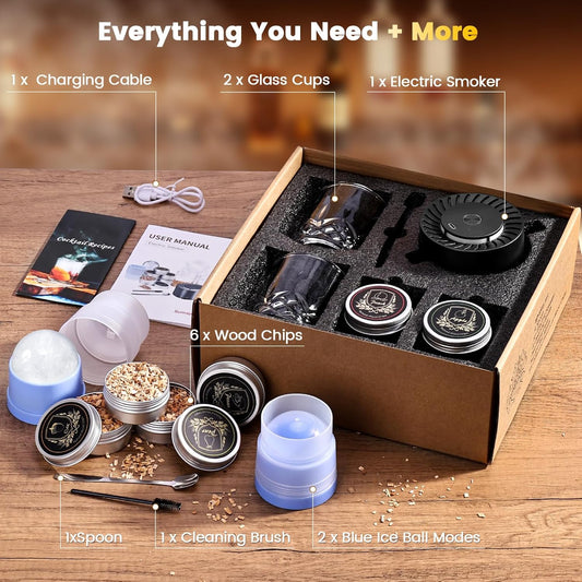 Electric Whiskey Cocktail Smoker Kit with 2 Glasses, 6 Flavors Wood Chips, 2 Ice Ball Molds, Bourbon Old Fashioned Drink Smoker Set, Gifts for Men Dad Husband Father, Built-in Lighter, No Need Butane