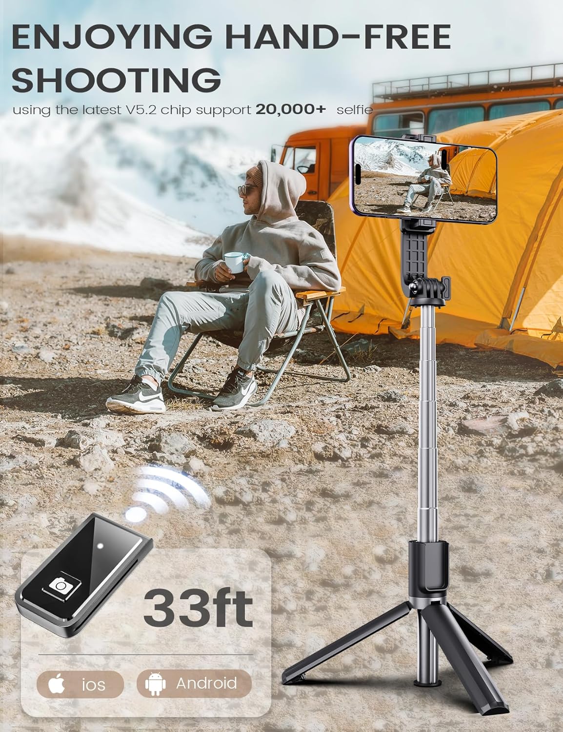 ANXRE Extendable Selfie Stick with Wireless Remote | Compact Portable for Travel, Compatible with iPhone Samsung Android Smartphones