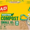 Glad 100% Compostable Drawstring Bags - Small 10 Litres - Drawstring, 30 Compost Trash Bags - Unscented