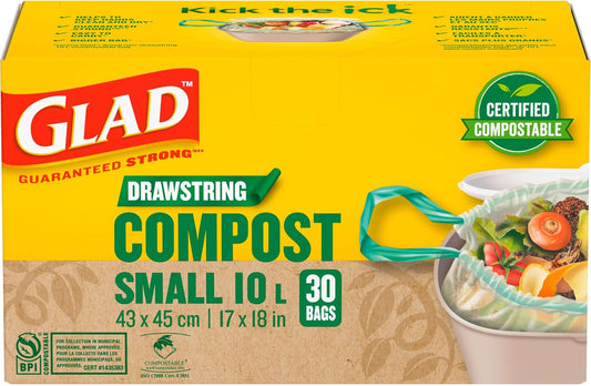 Glad 100% Compostable Drawstring Bags - Small 10 Litres - Drawstring, 30 Compost Trash Bags - Unscented