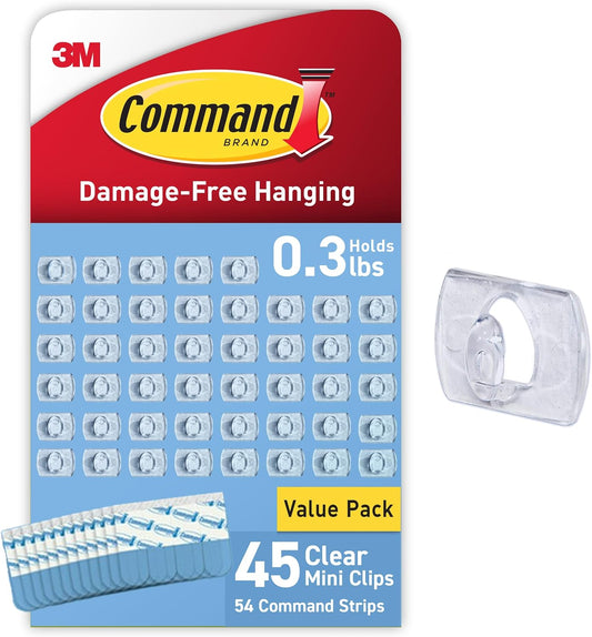 Command Clear Mini Light Clips 45 Clips, 54 Strips (CL806-45NA) - Easy to Open Packaging | 54 Strips