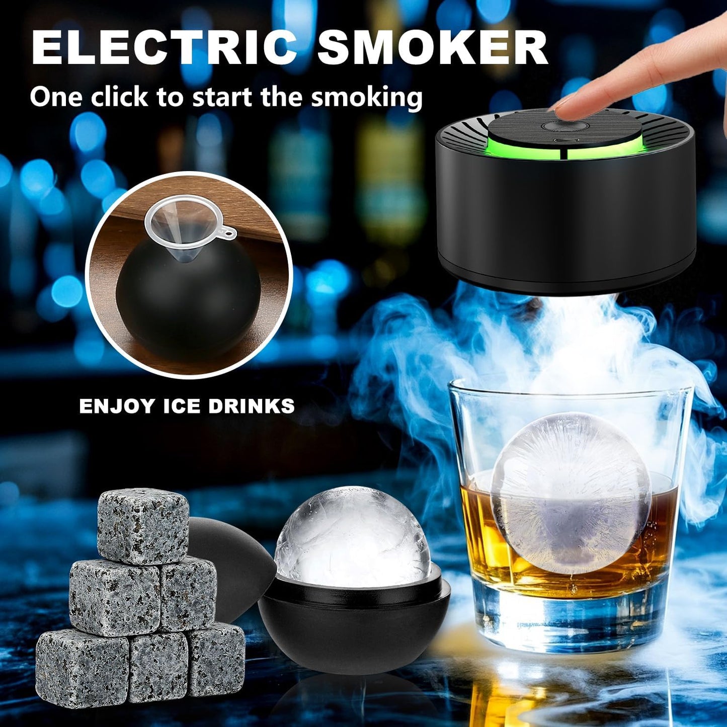 Electric Whiskey Smoker Kit - Old Fashioned Cocktail Smoker Kit with 6 Wood Chips No Butane Needed, Rechargeable Drink Smoker Set with Lights, Bourbon Gift Ideas for Men Dad Husband