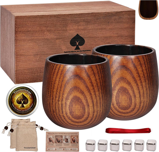 Charred Wooden Whiskey Glass Set of 2 – Durable Bourbon Tumbler for Men, Insulated Old Fashioned Glass – Whiskey Gifts for Husband, Dad, Brother – Birthday, Christmas, Father's Day