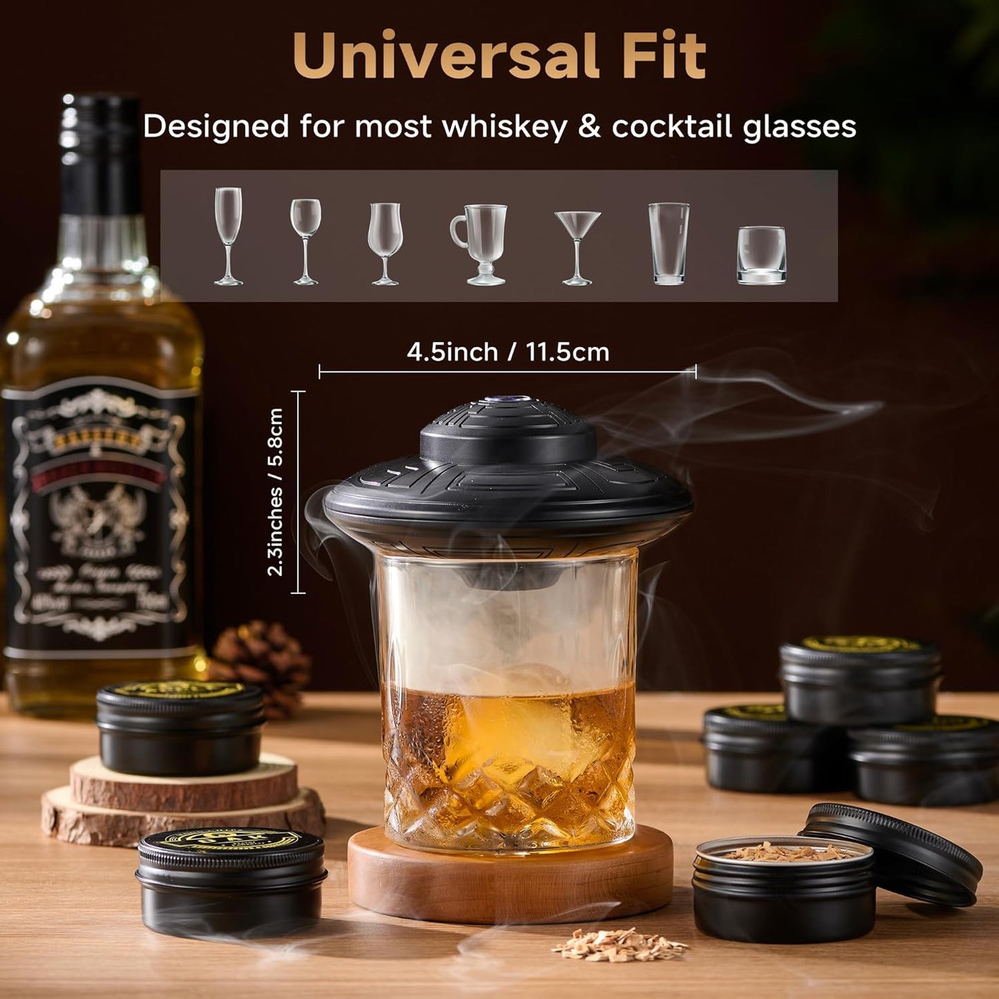 ComboJoy Electric Whiskey Smoker Kit with LED – 6 Flavors Wood Chips, Whiskey Glass & Ice Cube Mold – Rechargeable Cocktail Smoker, Old Fashioned Bourbon Gifts for Men, Dad, Husband -Black