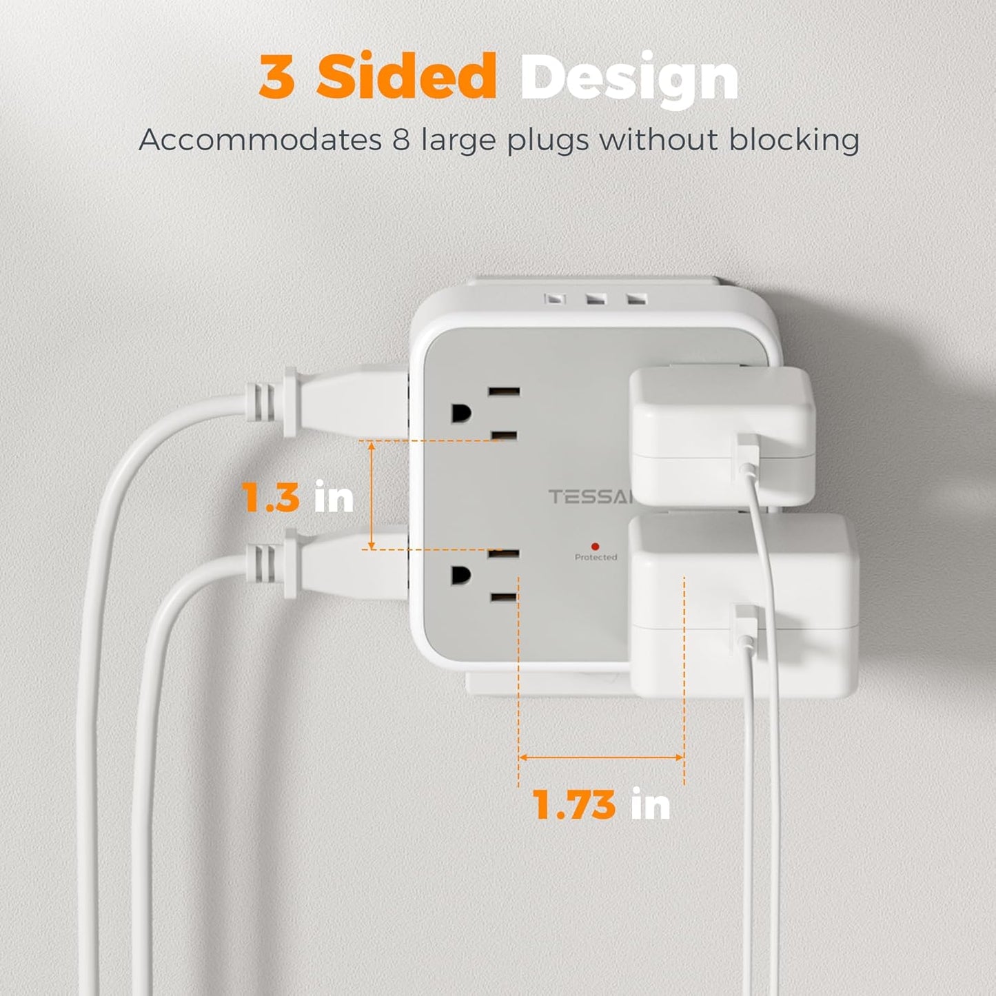 Multi Plug Outlet Extender, TESSAN 900J Surge Protector Plug Extension Block, 8 Outlet Splitter with 3 USB Ports (1 USB C), Electrical Socket for Home Office Dorm Room Essentials, Gray