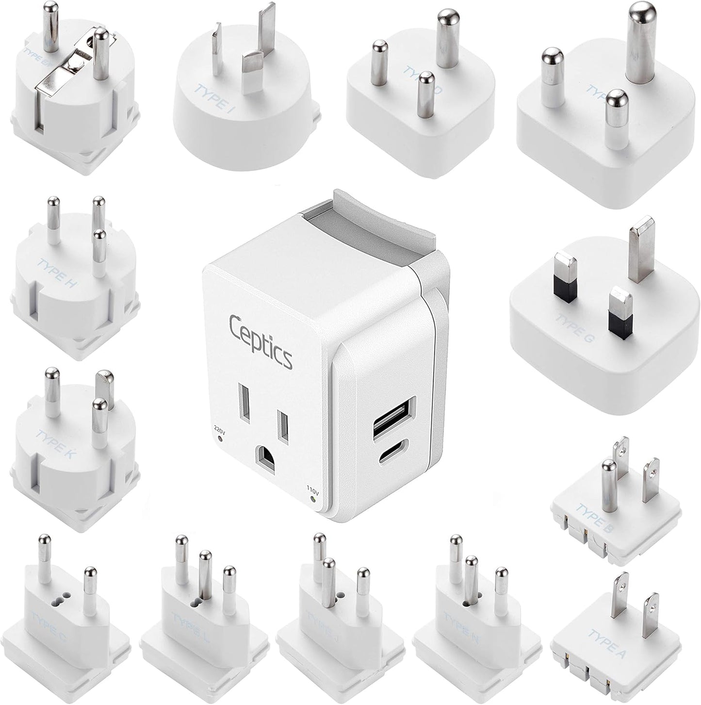 Ceptics International Travel Plug Adapter Set (Type A, B, C, D, E/F, G, H, I, J, K, L, M, N) - 4 in 1 - 2 Canadian Socket - 1 USB & 1 USB-C (3.1A) - Compact & Powerful (PAK-ALL)