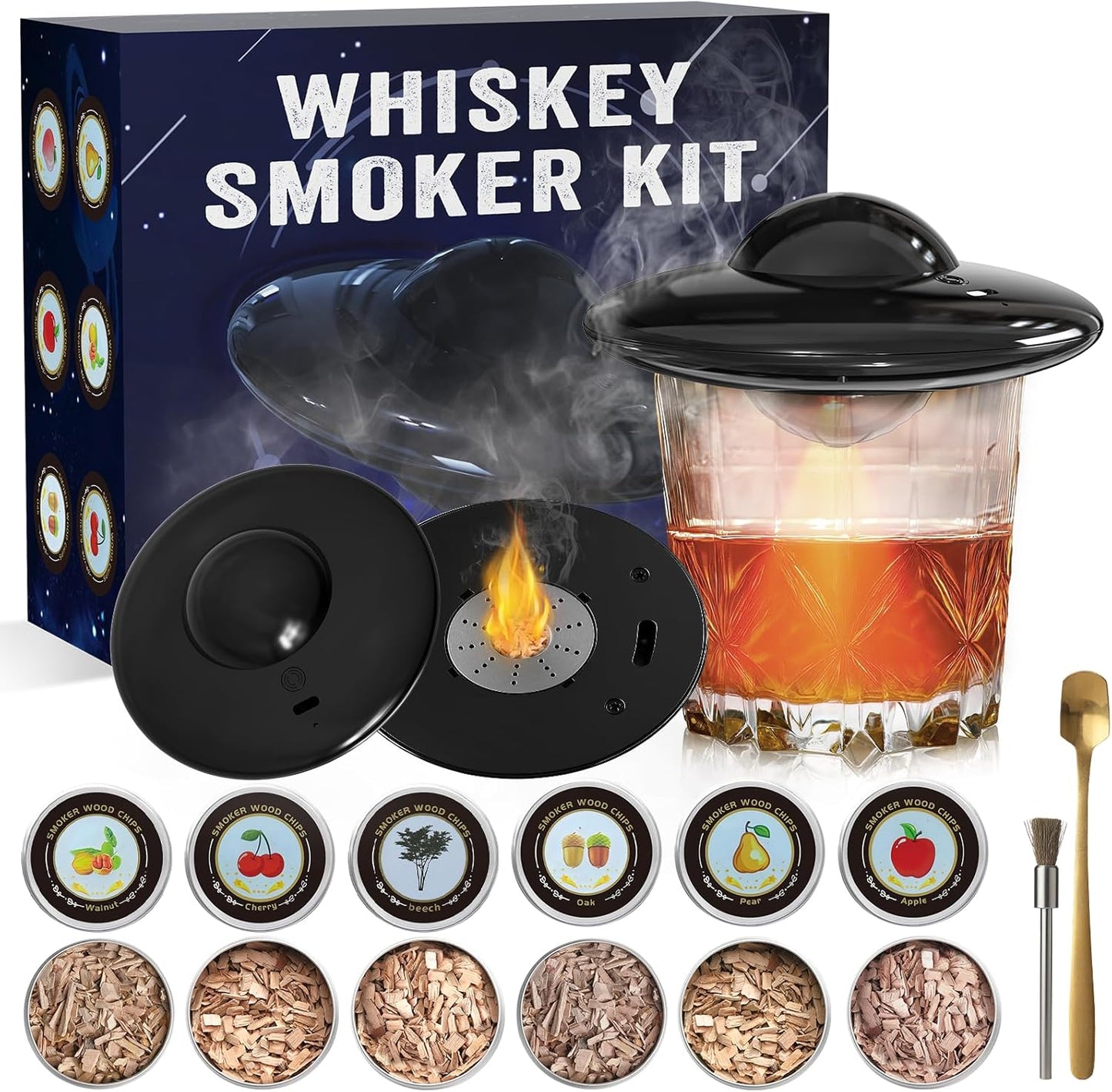 Electric Whiskey Smoker Kit with 6 Flavors Wood Chips, Cocktail Smoker Kit Built-in Lighter, Rechargeable Smoked Old Fashioned kit Bar Accessories Christmas for Men (Dark Black)