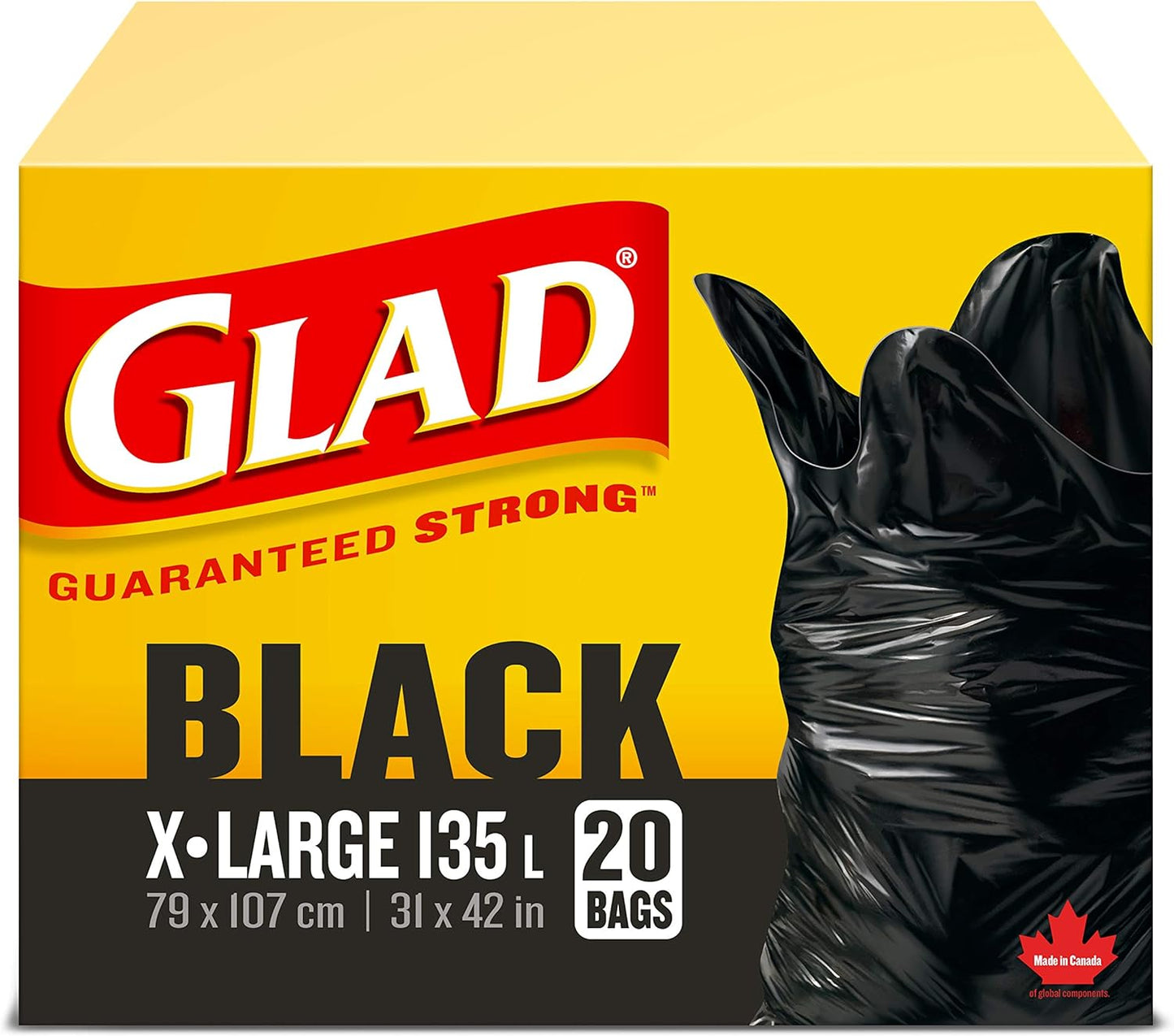 Glad Black Garbage Bags - Extra-Large 135 Litres - 20 Trash Bags Made in Canada of Global Components