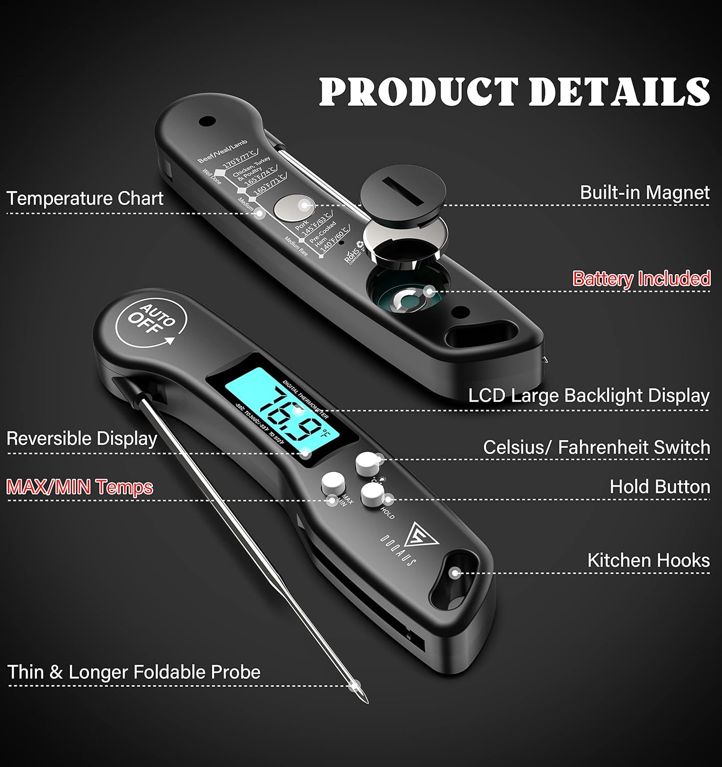 DOQAUS Digital Meat Thermometer - Instant Read Food Thermometer with Backlight & Reversible Display for Cooking Turkey Grill BBQ Oven Candy Kitchen Essentials