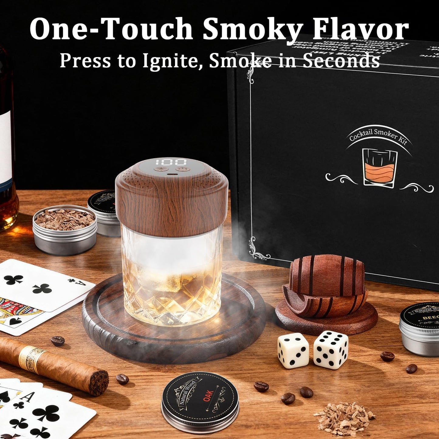 Electric Whiskey Smoker Kit - Built-in Lighter, 6 Lighting Colors, Rechargeable Cocktail Smokers Kit with 6 Wood Chips, Old Fashioned Drink Smoker Kit, Birthday Gifts for Men, Dad (No Butane)