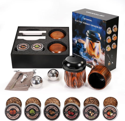 Electric Whiskey Smoker Kit with Unique Charred Wooden Glasses, Cocktail Bourbon Smoker with 6 Flavors Wood Chips, Instant Smoke Output – Ideal Gift for Cocktail & Whiskey Lovers