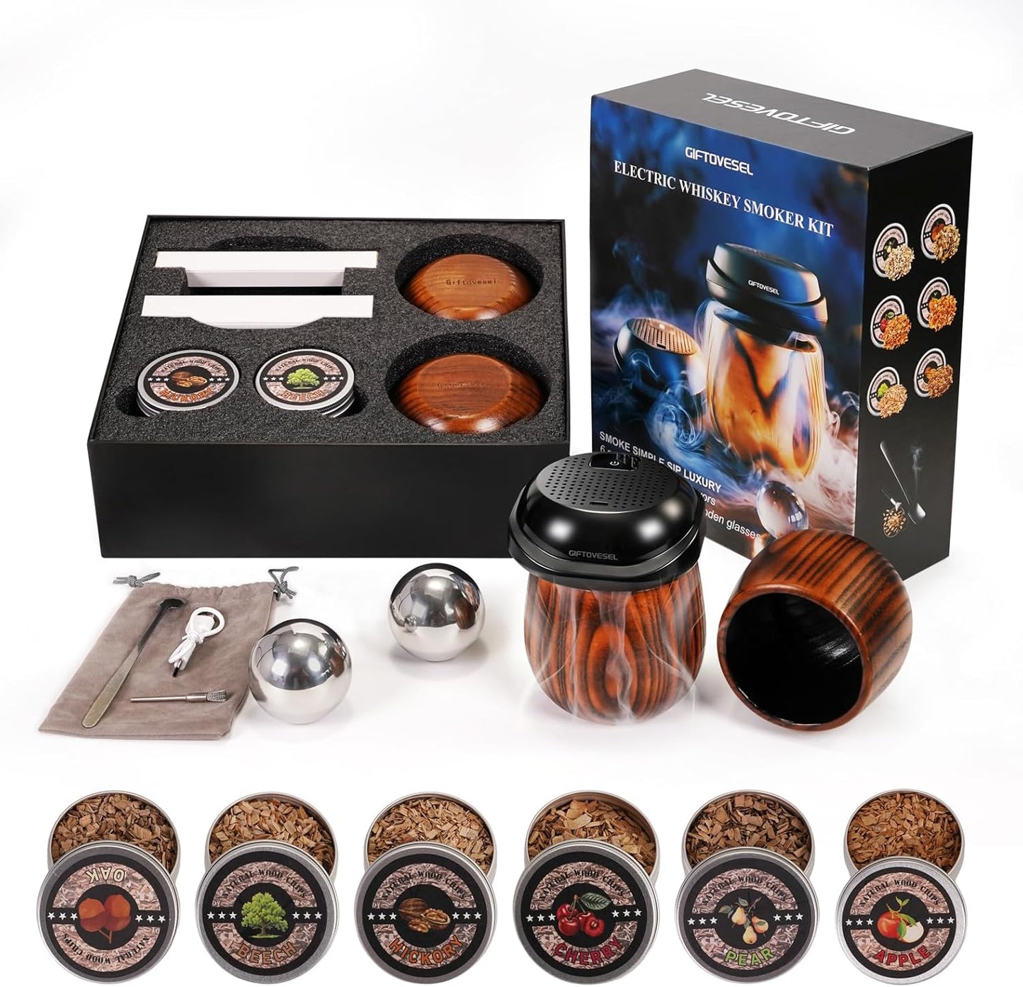 Electric Whiskey Smoker Kit with Unique Charred Wooden Glasses, Cocktail Bourbon Smoker with 6 Flavors Wood Chips, Instant Smoke Output – Ideal Gift for Cocktail & Whiskey Lovers