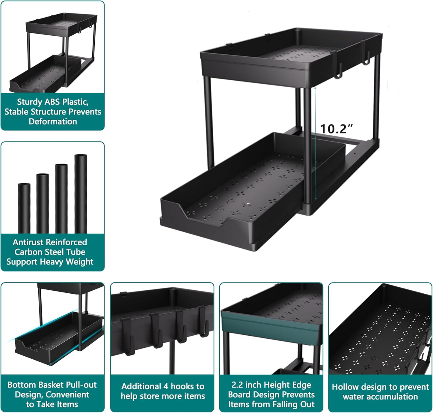 DEKAVA Under Sink Organizer 2 Pack, Bathroom Organizers, 2 Tier Sliding Cabinet Basket Organizer Drawer, Multi-Purpose Bath Collection Baskets for Bathroom (Black)