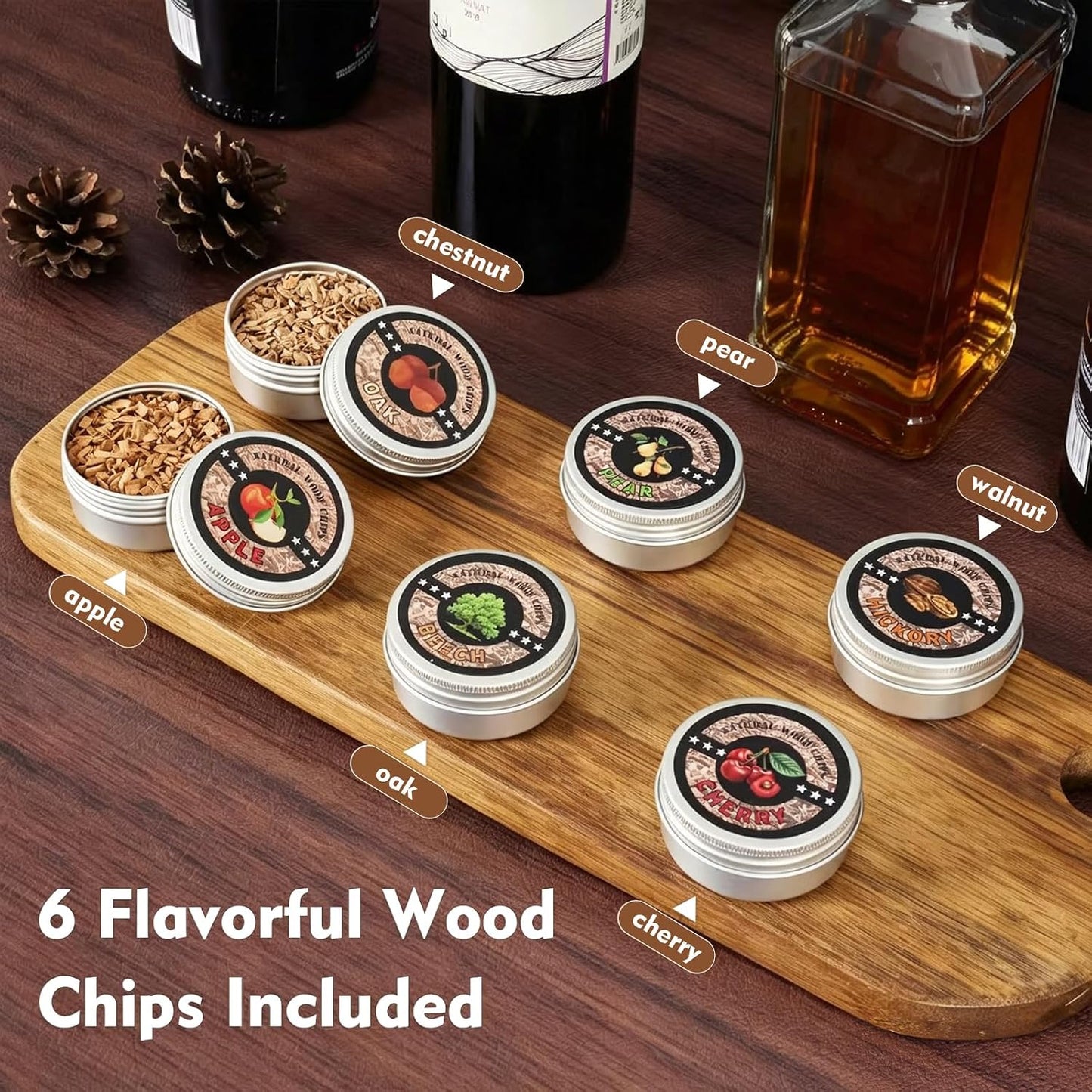 Electric Whiskey Smoker Kit with Unique Charred Wooden Glasses, Cocktail Bourbon Smoker with 6 Flavors Wood Chips, Instant Smoke Output – Ideal Gift for Cocktail & Whiskey Lovers