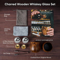 Charred Wooden Bourbon Drinking Glass Set with Whiskey Ice Stones & Tongs, 2 Pack 10oz Old Fashioned Whiskey Glasses, Perfect Presents for Boyfriend Father Friends