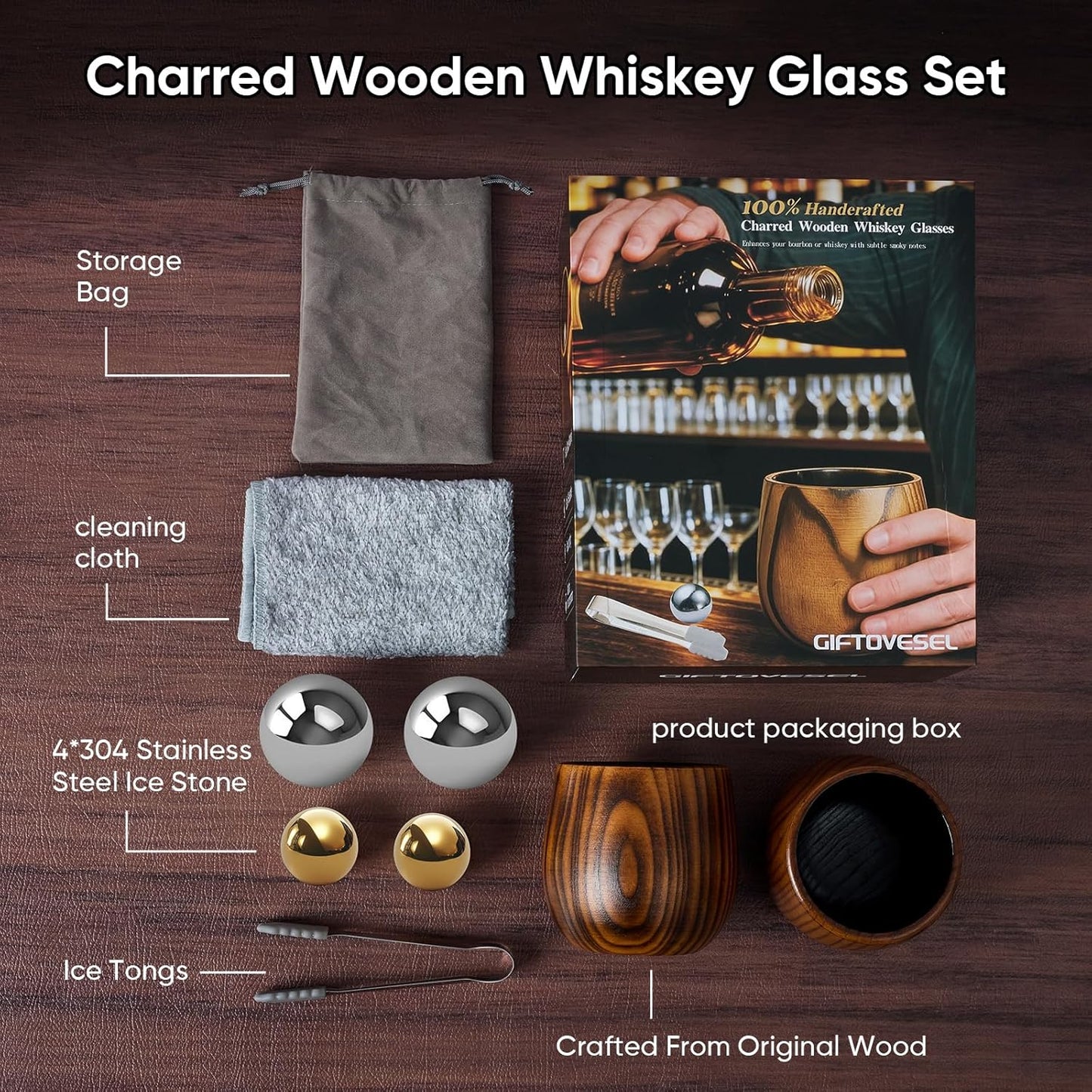 Charred Wooden Bourbon Drinking Glass Set with Whiskey Ice Stones & Tongs, 2 Pack 10oz Old Fashioned Whiskey Glasses, Perfect Presents for Boyfriend Father Friends