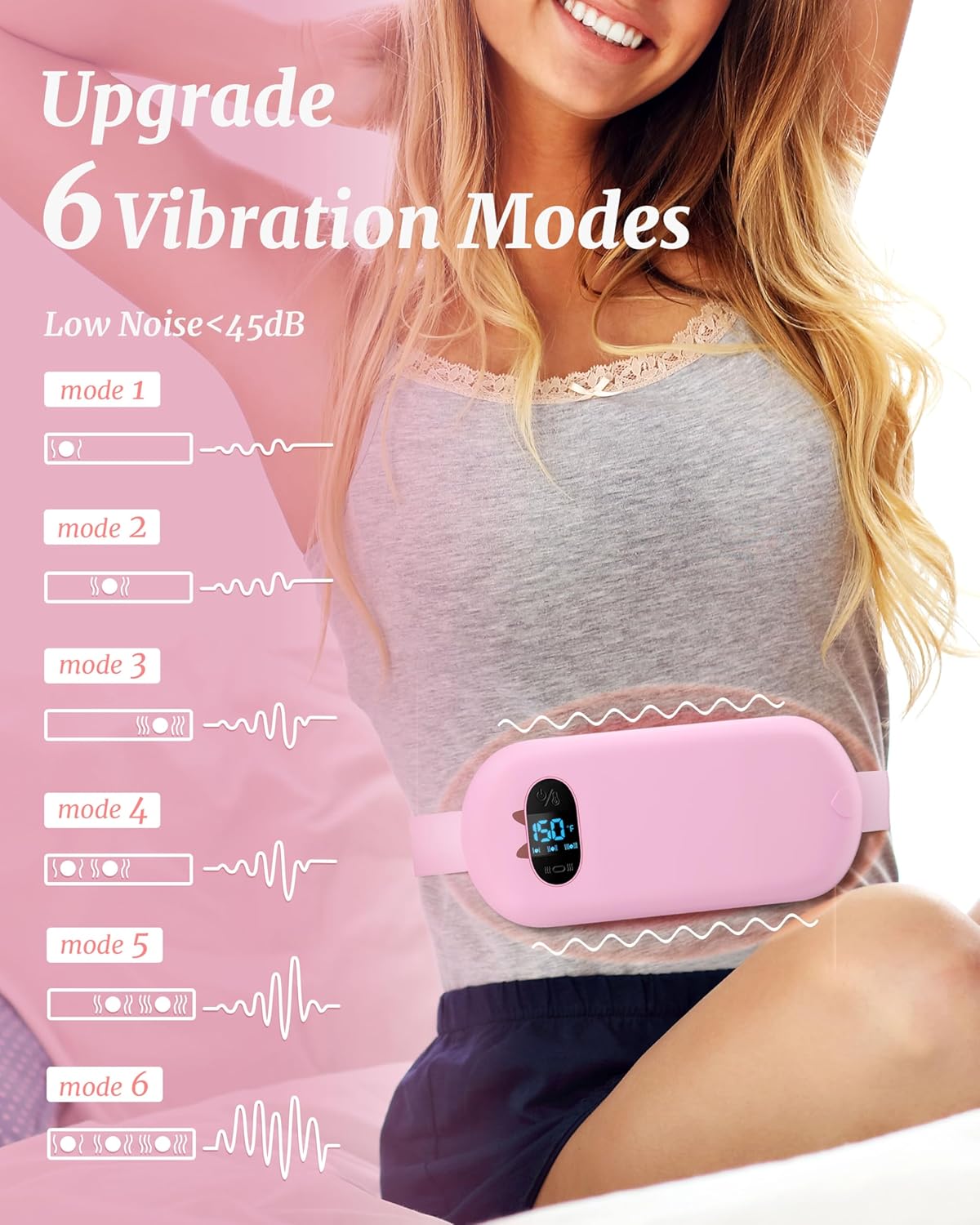 Portable Electric Heating Pad for Cramps, Upgraded Cordless Period Fast Heating Pad for Back Menstrual Belt 6 Heat 6 Vibration Modes Gifts for Women Girl Her Girlfriend Christmas Stocking Stuffer Pink