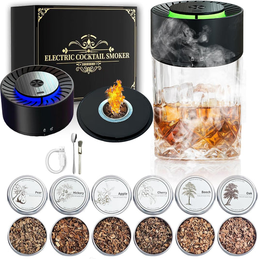 Electric Whiskey Smoker Kit,Rechargeable Cocktail Smoker Kit Built-in Lighter with LED Light and 6 Wood Chips, Old Fashioned Smoker Kit, Bourbon Whiskey Gift Ideas for Men/Dad/Husband