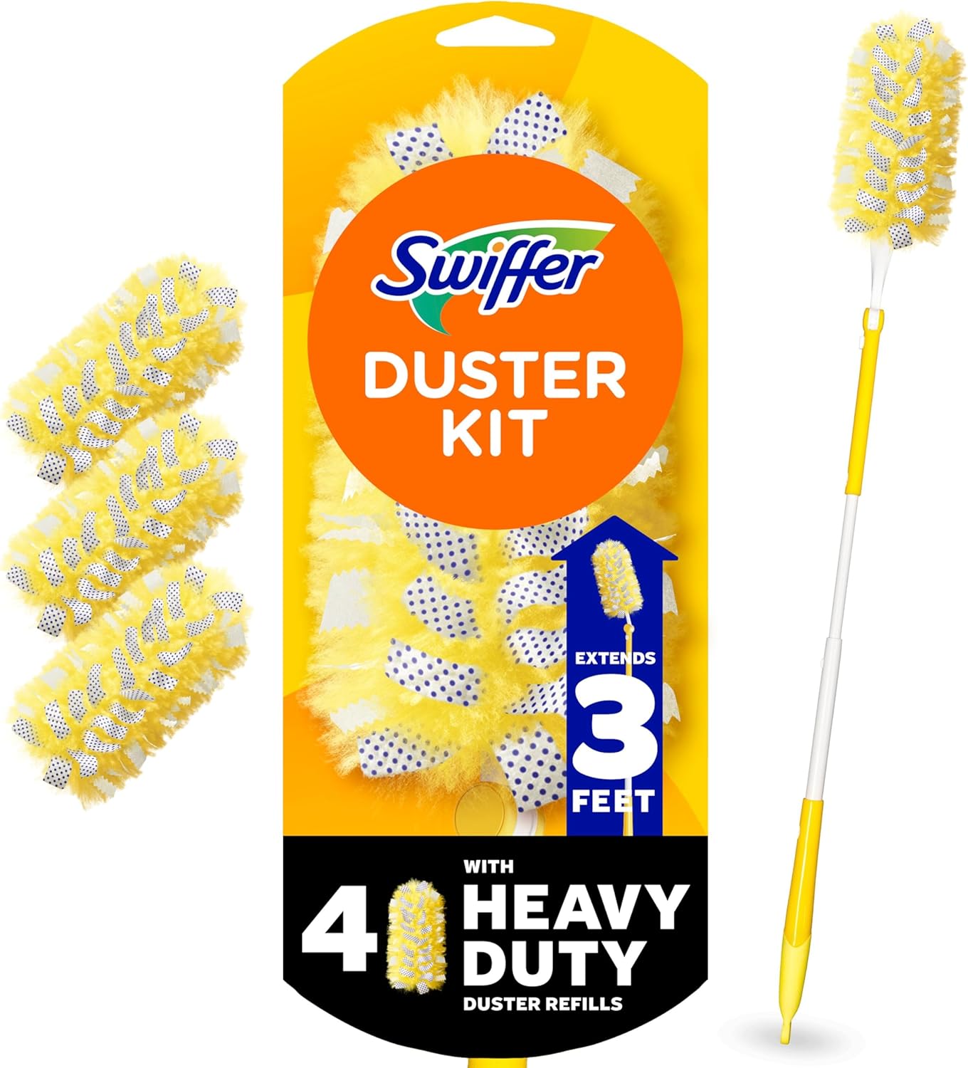 Swiffer Duster Kit with 3ft Extendable Handle, Heavy Duty Dusting Starter Kit with 4 Refills, for Ceiling Fans, Vents and Hard to Reach Places