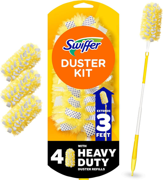 Swiffer Duster Kit with 3ft Extendable Handle, Heavy Duty Dusting Starter Kit with 4 Refills, for Ceiling Fans, Vents and Hard to Reach Places