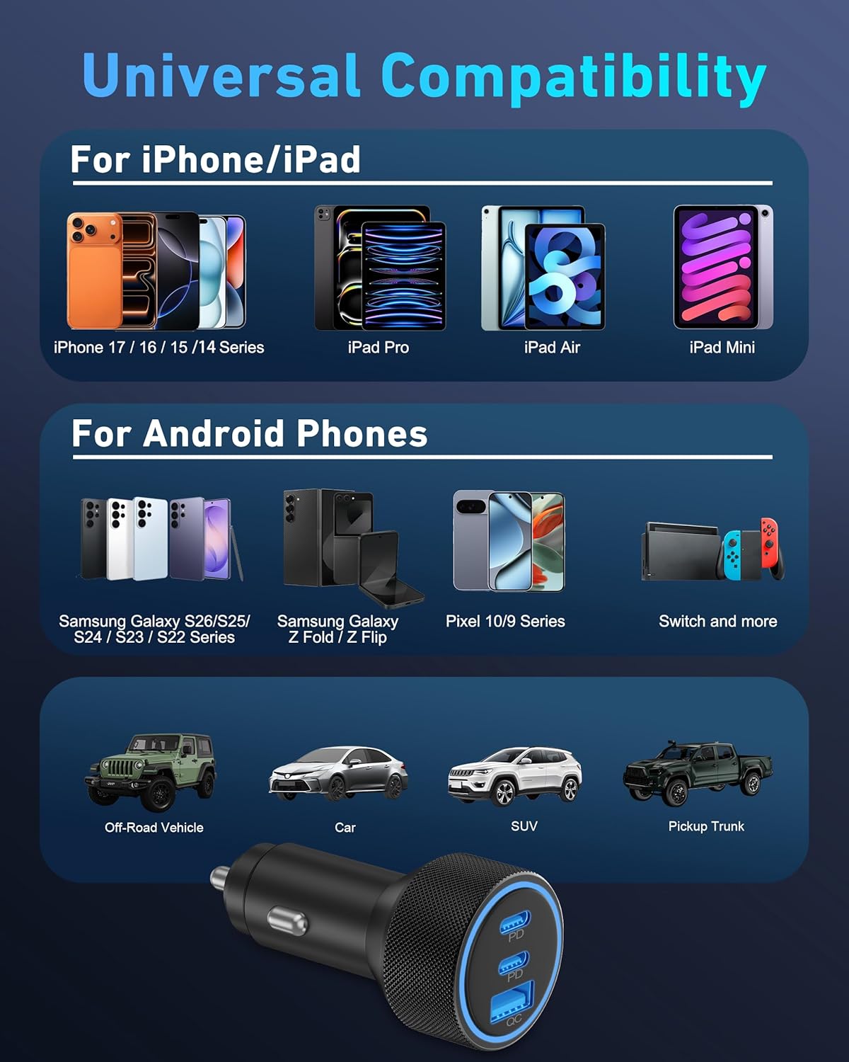 USB C Car Charger, 3-Port 67W Super Fast Charging Dual USB-C & USB-A Car Charger Accessories Cigarette Lighter Adapter for iPhone 17 17e 16 15 14 13 12 11 Pro Max, iPad, Galaxy, Pixel, Android Phone