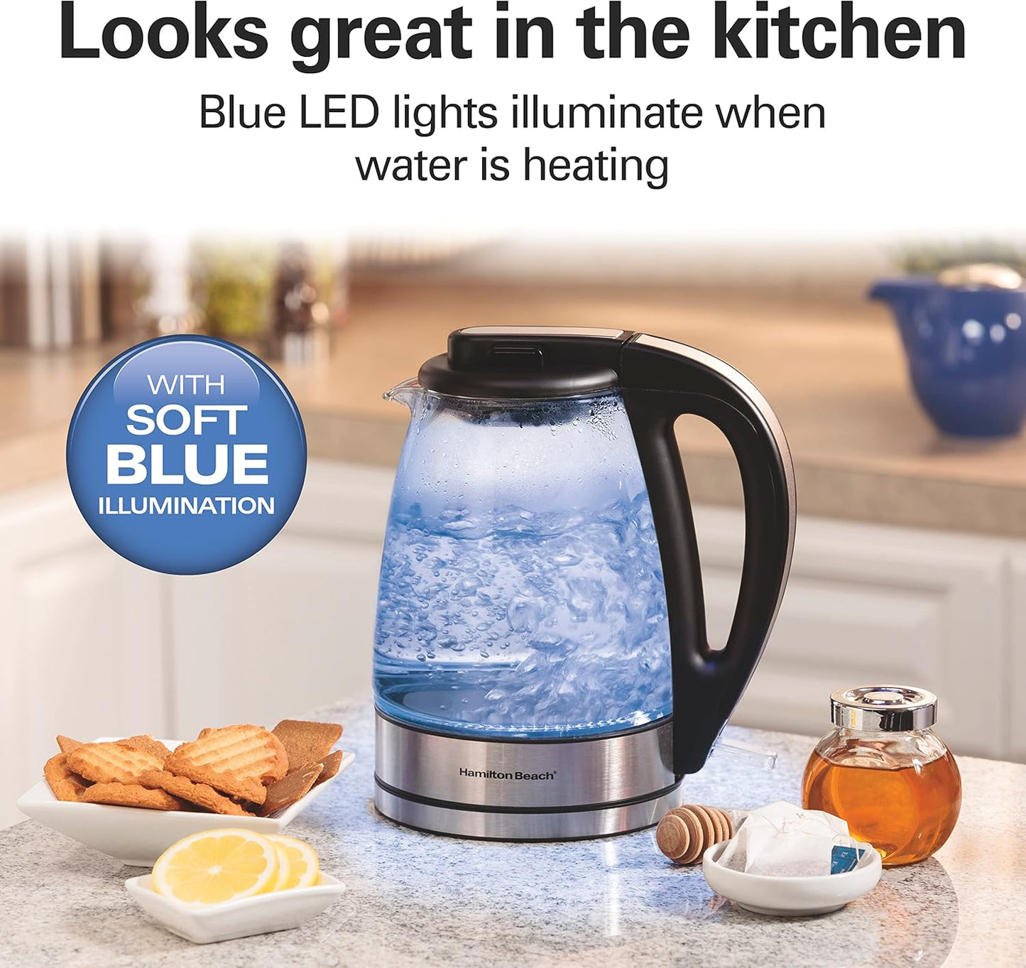 Hamilton Beach Glass Electric Kettle, 1 L, 1500W Fast Boiling Water Boiler, Cordless, Soft Blue LED Light, Auto Shutoff & Boil-Dry Protection, BPA-Free, Compact Size (40930JC)