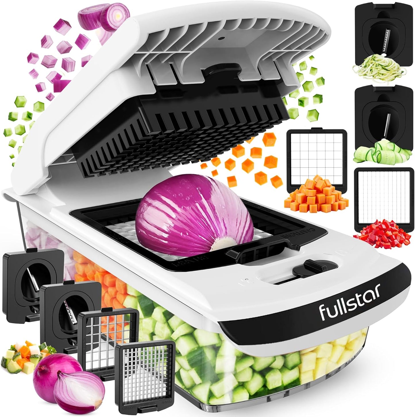 Fullstar Vegetable Chopper & Cutter - Slicer Dicer Spiralizer with Container for Food Veggie Onion Cucumber Tomato Salad Potato French Fry - Kitchen Essentials & Gadgets (PRO 4-in-1, White)