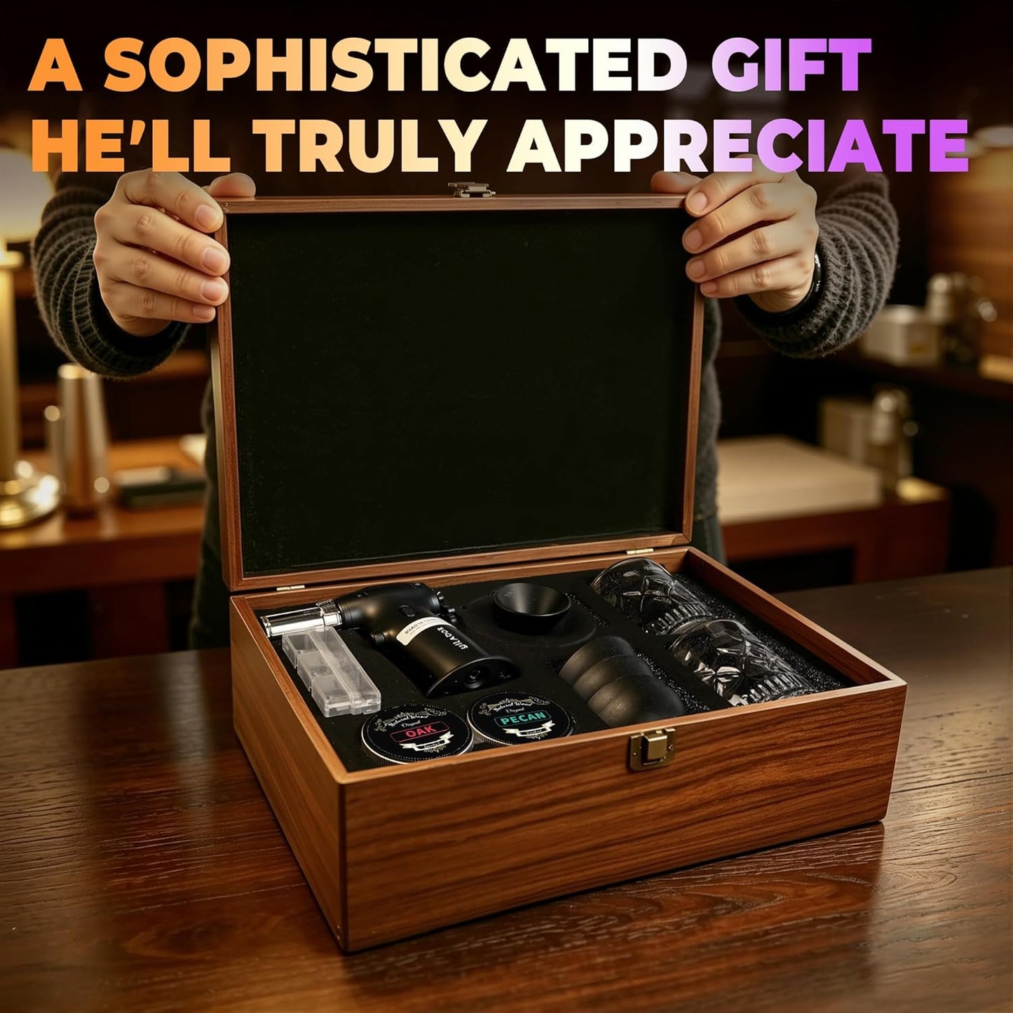 Electric Whiskey Smoker Kit with Wooden Box, Whiskey Gift for Dad Men, with Torch, 4 Wood Chips, Ice Molds, 2 Glasses, Stones, Old Fashioned Bourbon Cocktails Smoker Infuser Kit(Without Butane)