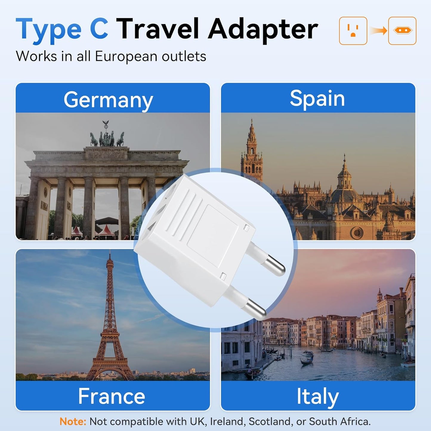 Unidapt 2-Pack Europe Travel Plug Adapter, USA to European Plug Adapters, Travel from US Canada America Mexico to EU Europe Italy France Germany Spain Outlets, Type C Pin Converter, 220V Power Plugs